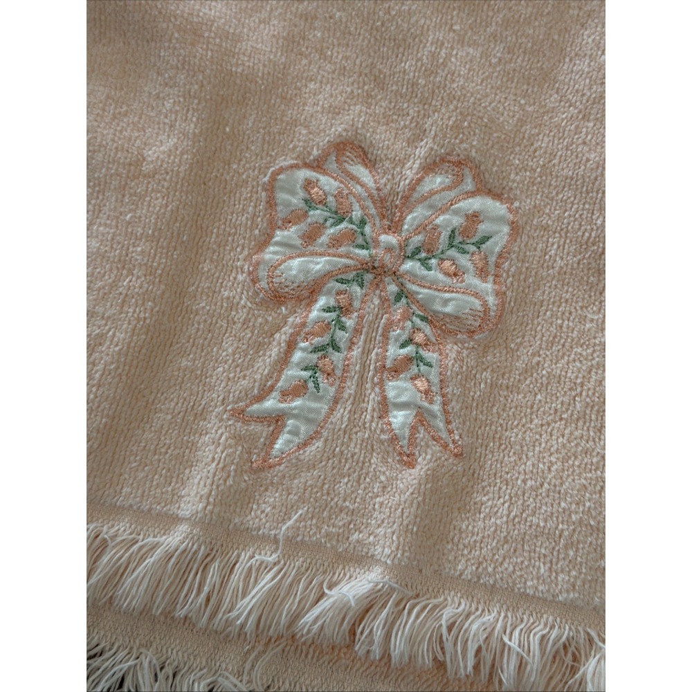 VTG Peach Ribbon Hand Towels Pink Duck Swan Washcloths Cotton 4pc Set - Picture 2 of 4